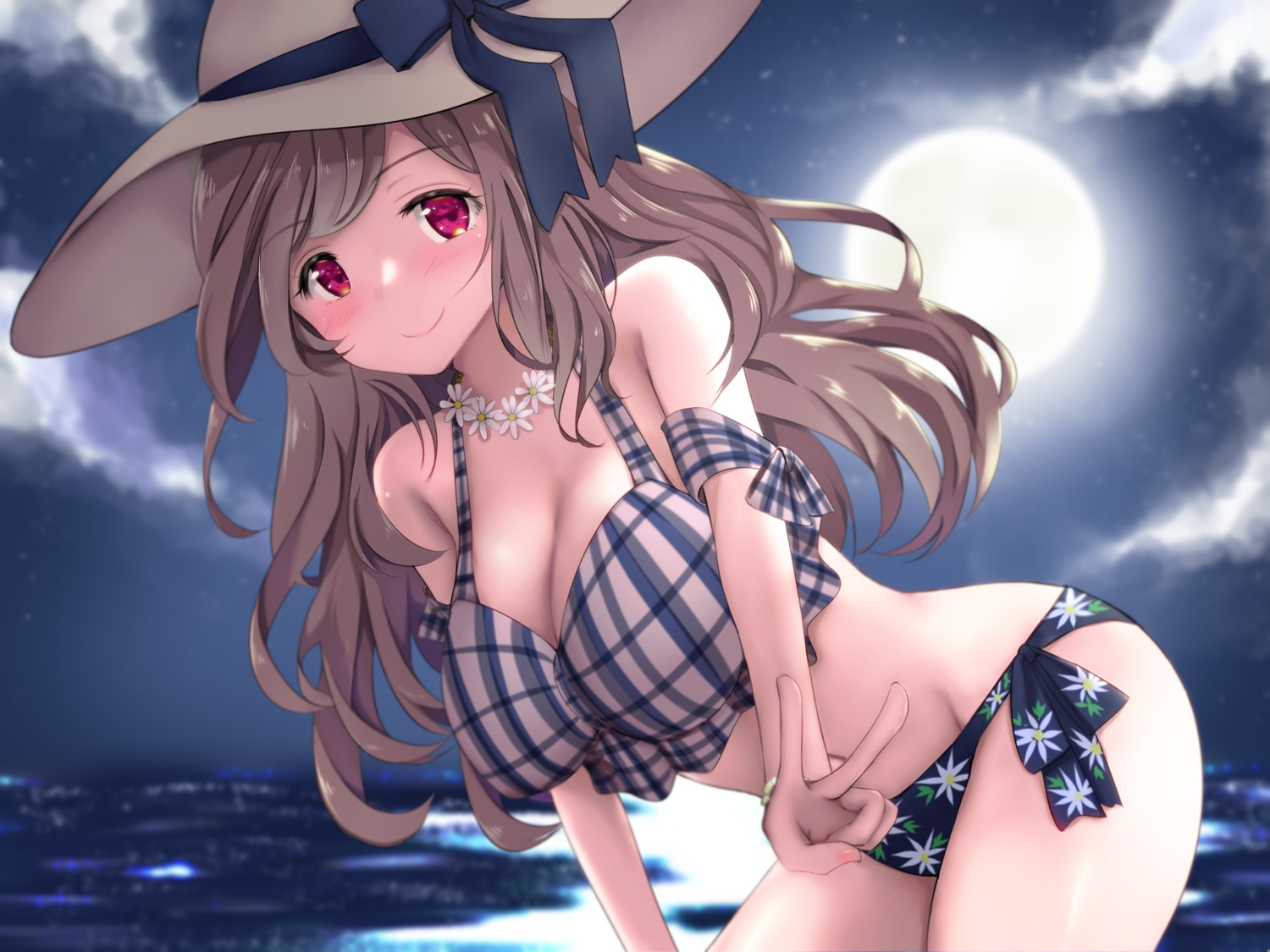 bikini, breasts, brown_hair, cleavage, clouds, hat, idolmaster, idolmaster_shiny_colors, long_hair, moon, necklace, night, purple_eyes, rocha_(aloha_ro_cha), sky, swimsuit, tsukioka_kogane, water