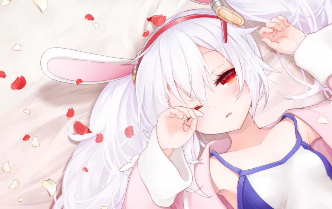 animal_ears, anthropomorphism, azur_lane, blush, bunny_ears, bunnygirl, laffey_(azur_lane), long_hair, petals, red_eyes, sumi_(kjtd2458), twintails, white_hair, wink