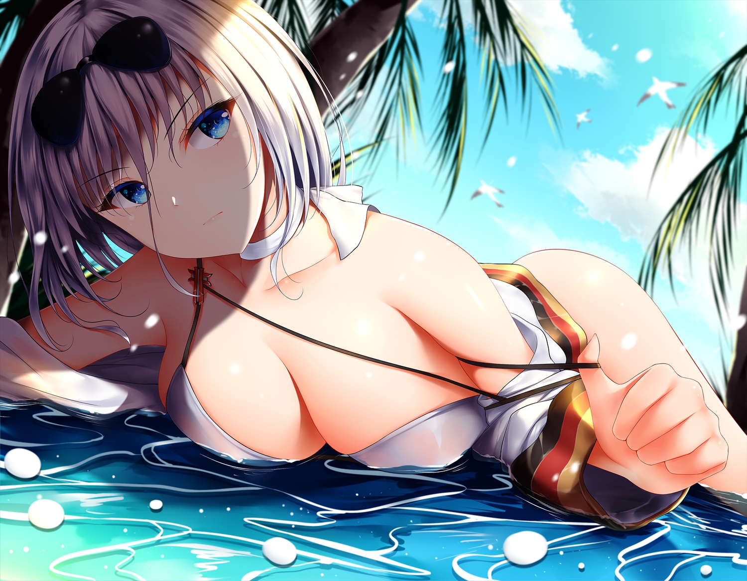 animal, anthropomorphism, azur_lane, bird, blue_eyes, clouds, sky, sunglasses, tirpitz_(azur_lane), water, white_hair, wsman