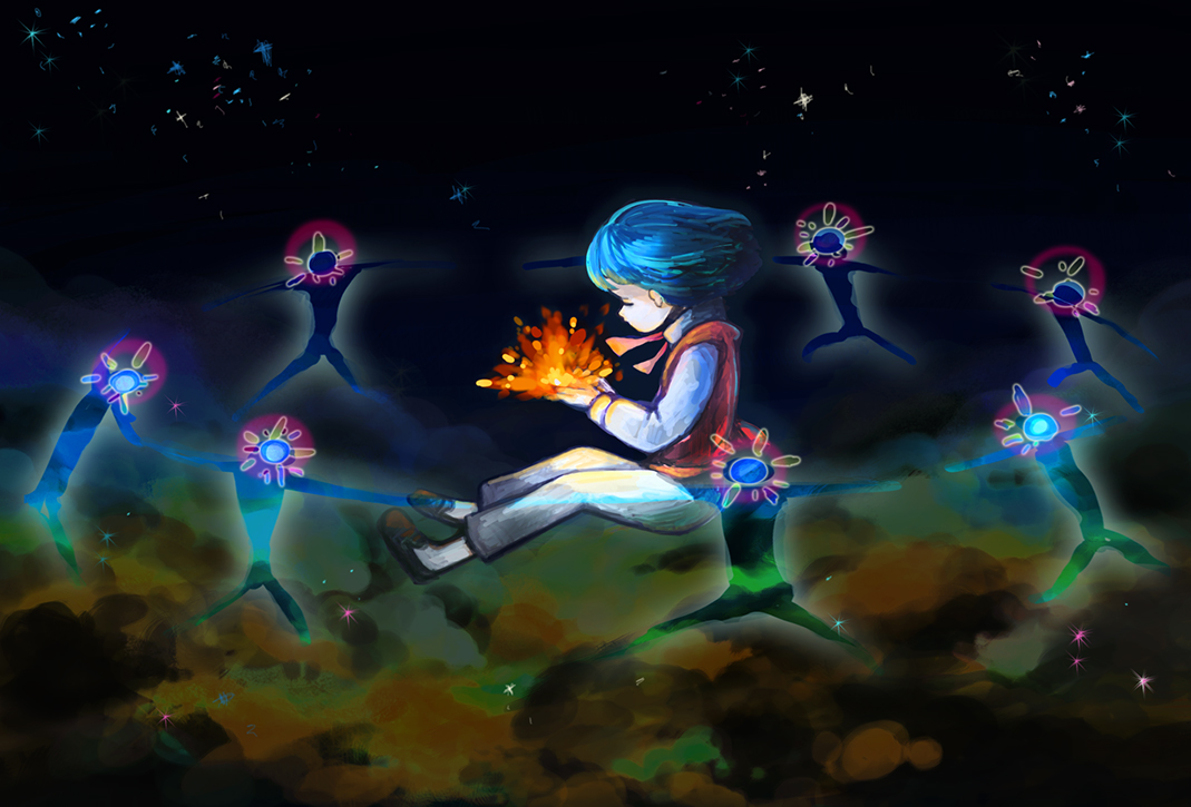 all_male, aqua_hair, dark, fire, howl, howl's_moving_castle, male, noja, short_hair, space, stars