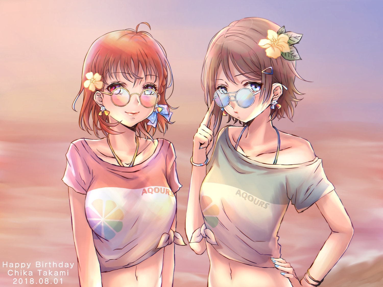 beach, bicolored_eyes, blue_eyes, blush, brown_hair, flowers, glasses, love_live!_school_idol_project