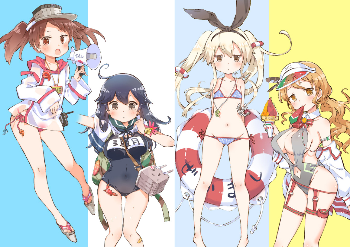 animal, anthropomorphism, bandaid, barefoot, bell, bikini, black_hair, blonde_hair