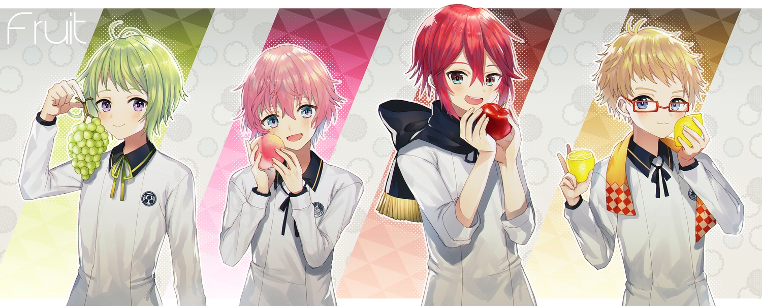 abandon_ranka, akita_toushirou, all_male, anthropomorphism, apple, aqua_eyes, blonde_hair, blue_eyes, blush, cat_smile, food, fruit, glasses, green_hair, group, hakata_toushirou, male, mouri_toushirou, pink_hair, purple_eyes, red_eyes, red_hair, scarf, school_uniform, shinano_toushirou, short_hair, touken_ranbu, uniform