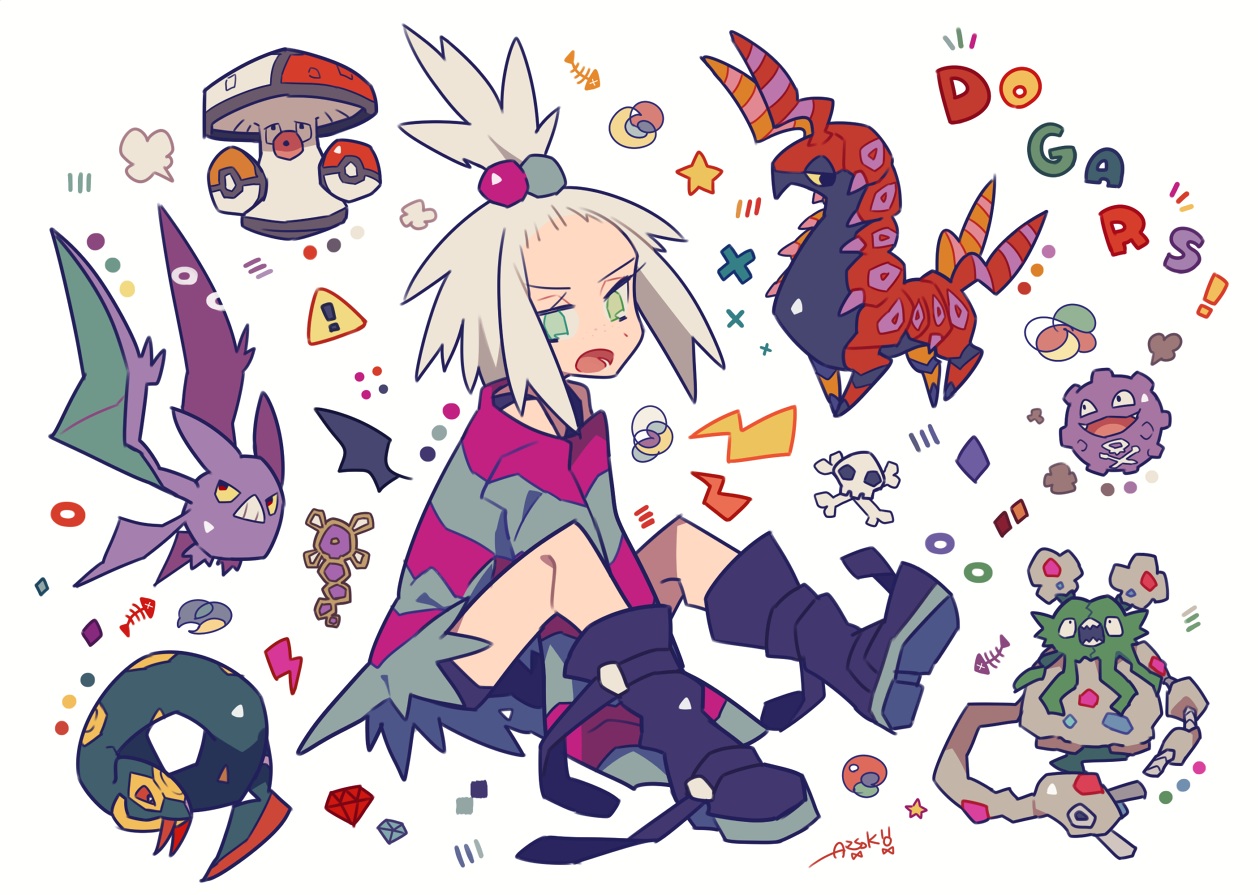 amoonguss, auko, bike_shorts, boots, crobat, dress, garbodor, gray_hair