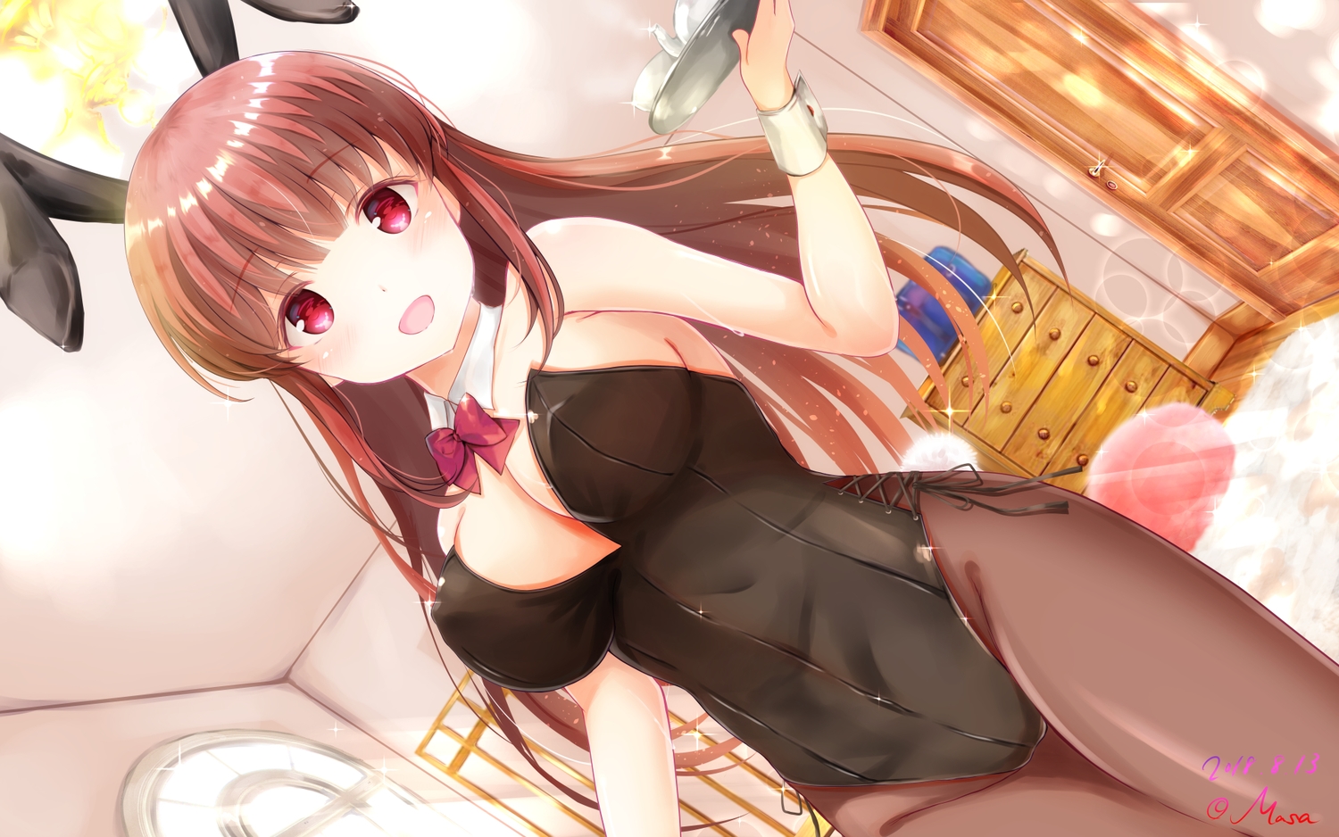 animal_ears, asahina_momoko, breasts, brown_hair, bunny_ears, bunnygirl, cleavage, collar, drink, erect_nipples, girlfriend_(kari), leotard, long_hair, masa_(mirage77), pantyhose, red_eyes, signed, wristwear