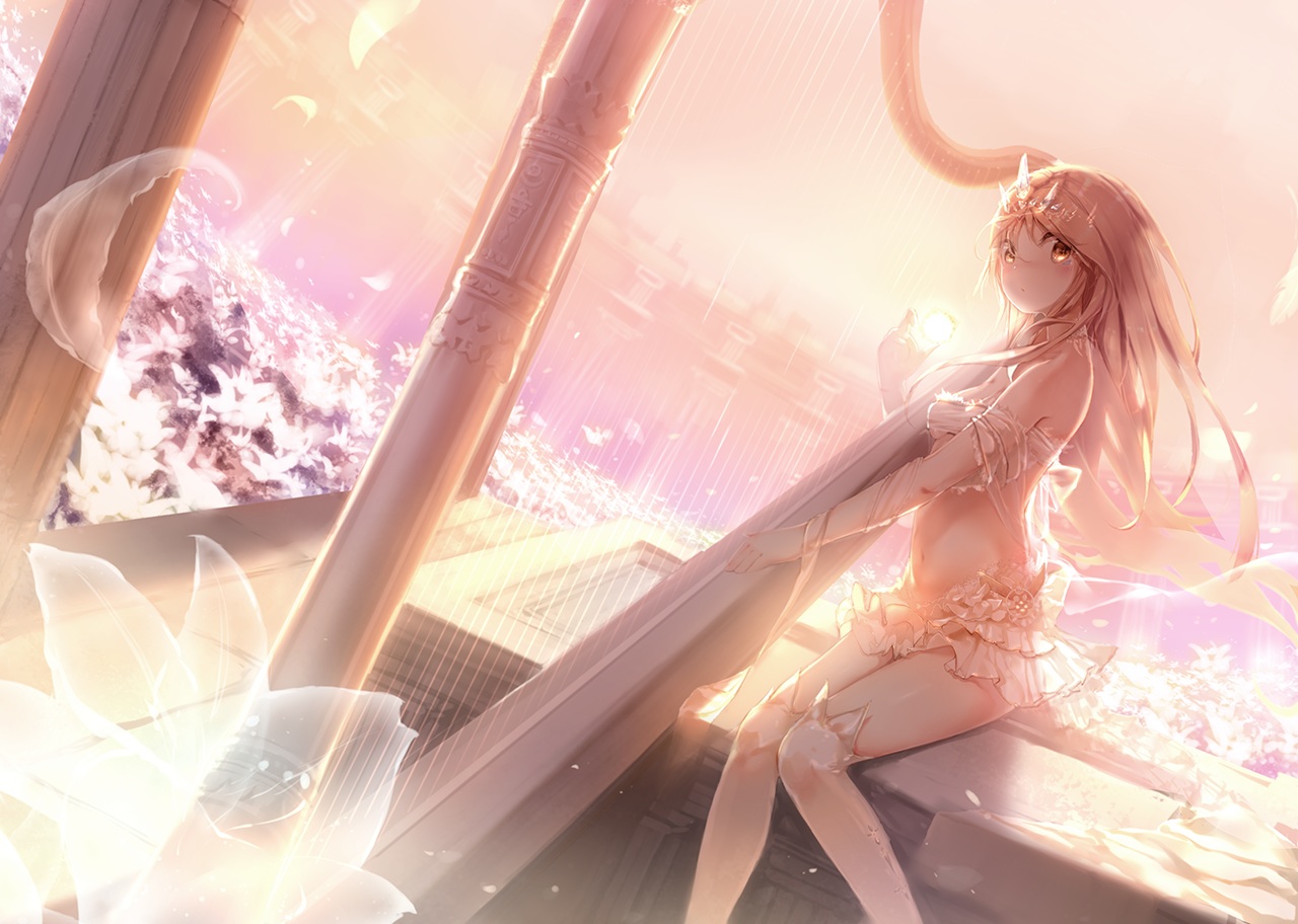 blonde_hair, futoshi_ame, instrument, long_hair, original, skirt, tiara, yellow_eyes