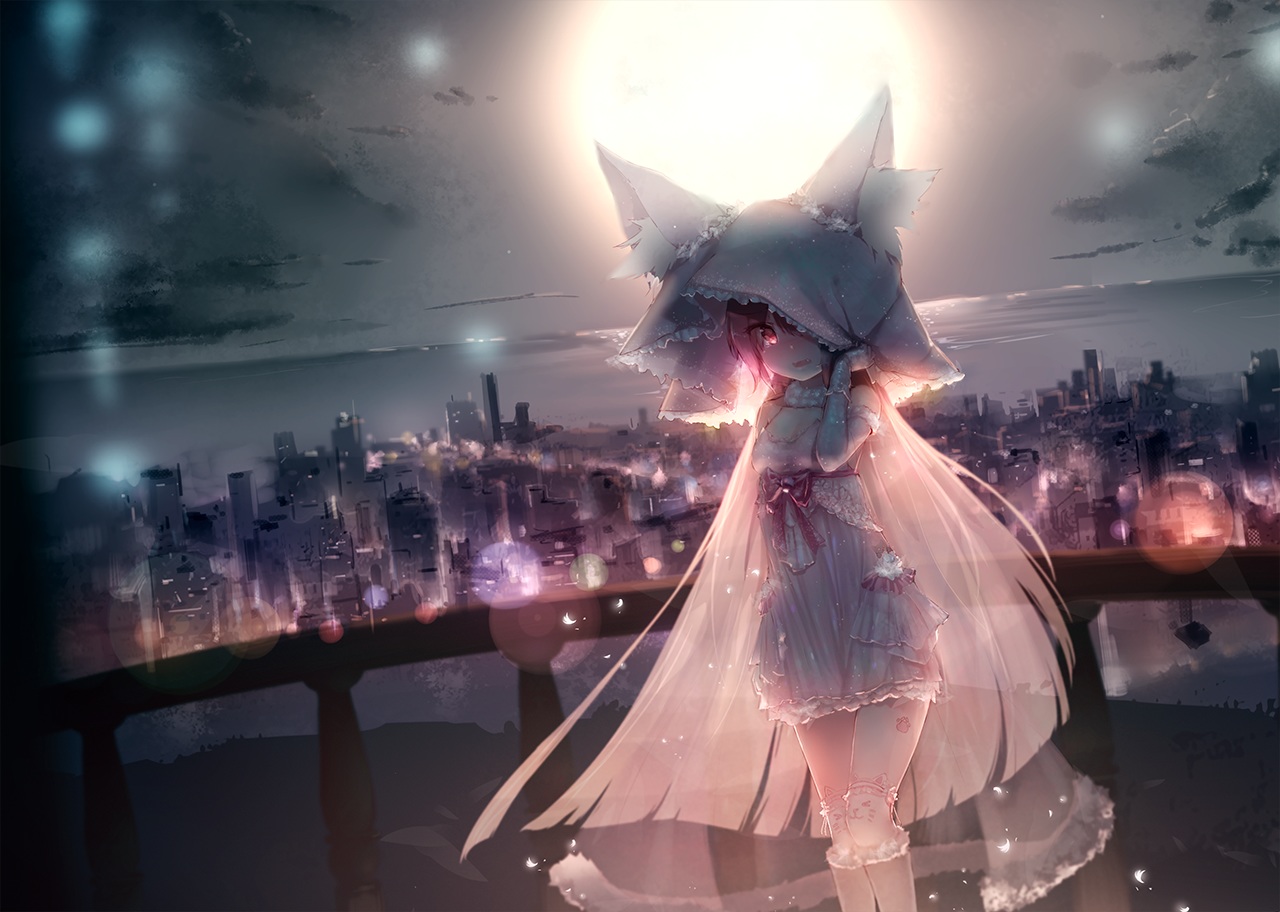 animal_ears, building, city, clouds, dress, futoshi_ame, long_hair, moon