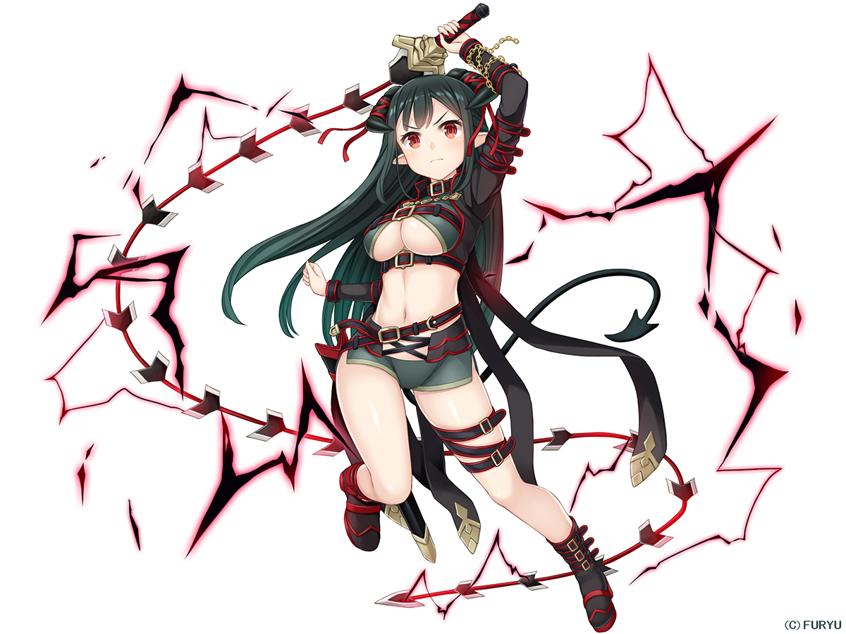 black_hair, boots, breasts, chain, cleavage, garter, horns, long_hair