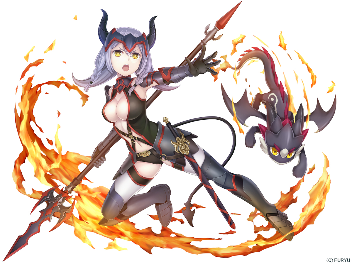 armor, braids, breasts, cleavage, dragon, elbow_gloves, fire, gloves