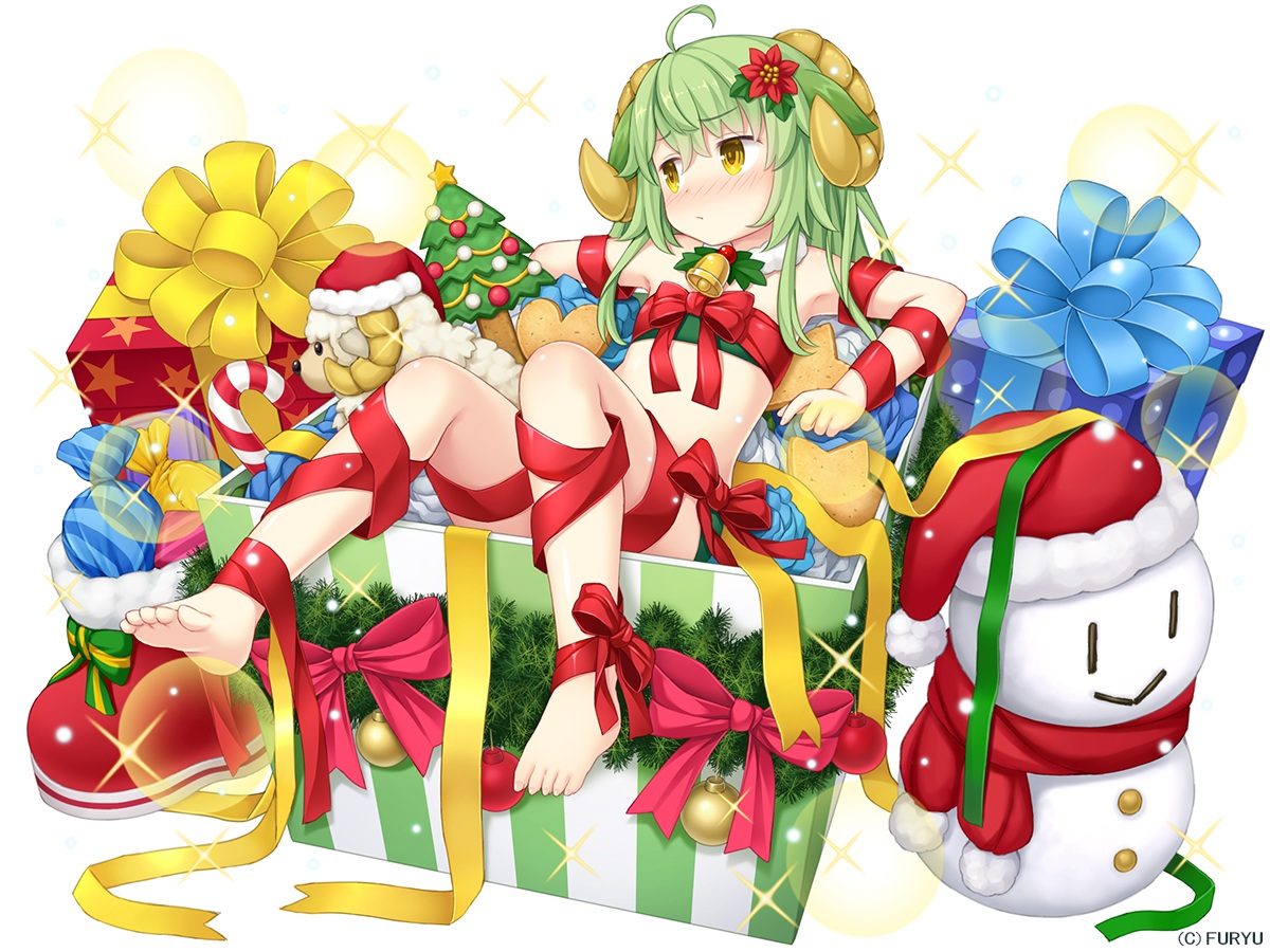 animal_ears, asatsuki_(monmusu_harem), barefoot, bell, blush, bow, candy, christmas