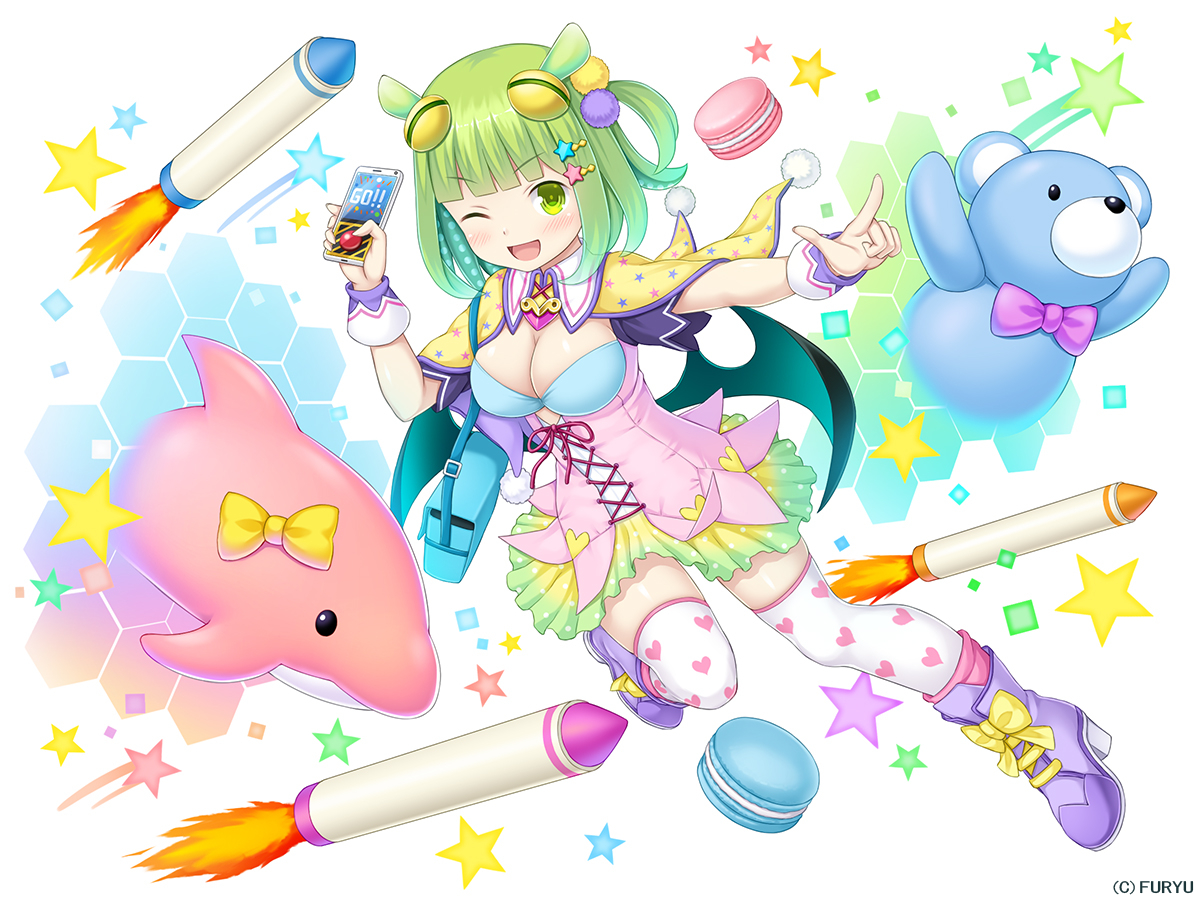 animal, blush, boots, breasts, cape, chenowa_(monmusu_harem), cleavage, dolphin, dress, food, green_eyes, green_hair, monmusu_harem, namaru_(summer_dandy), phone, ponytail, short_hair, teddy_bear, thighhighs, wings, wink, wristwear, zettai_ryouiki