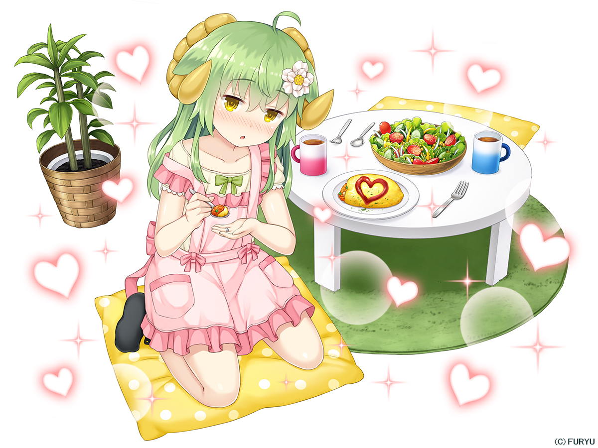 animal_ears, apron, asatsuki_(monmusu_harem), blush, drink, flat_chest, food, green_hair