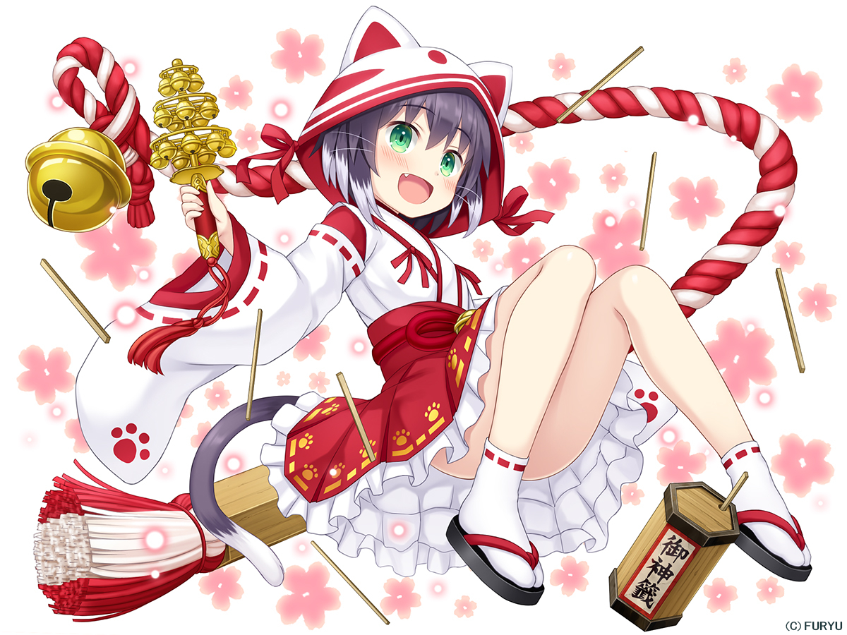 animal_ears, bell, black_hair, blush, catgirl, cherry_blossoms, fang, flat_chest, flowers, green_eyes, hood, japanese_clothes, loli, miko, monmusu_harem, namaru_(summer_dandy), rope, shayna_(monmusu_harem), short_hair, skirt, socks, tail, white