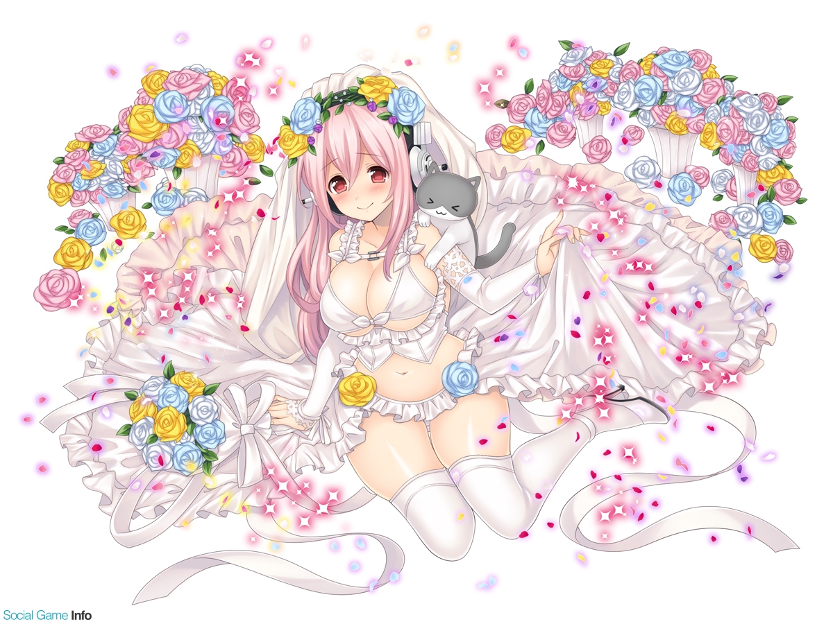 animal, bikini_top, blush, breasts, cat, cleavage, flowers, headdress