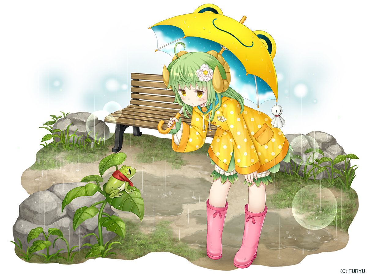 animal, animal_ears, asatsuki_(monmusu_harem), bloomers, boots, frog, grass, green_hair, hood, horns, loli, long_hair, monmusu_harem, namaru_(summer_dandy), rain, umbrella, water, yellow_eyes
