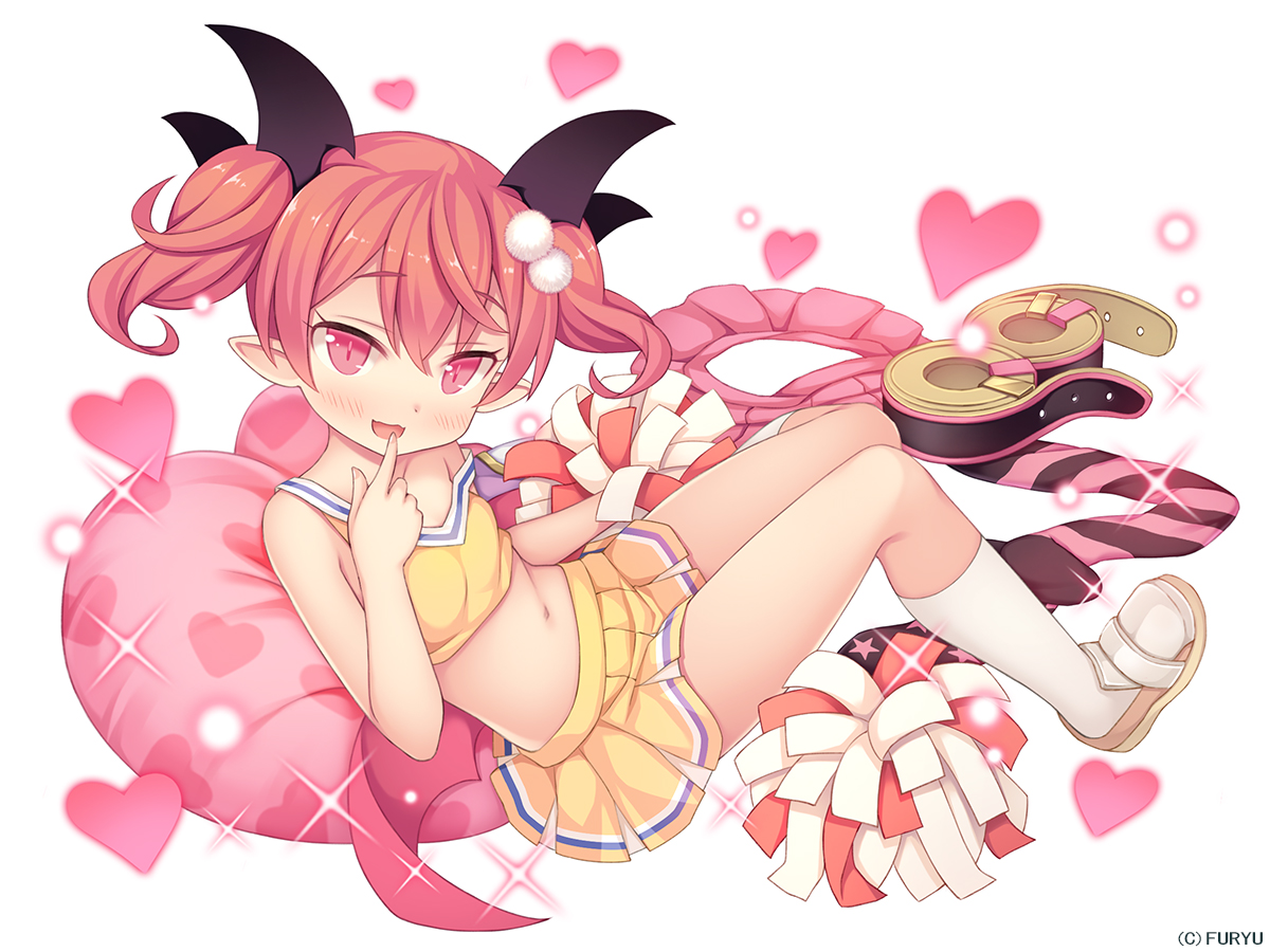 blush, cheerleader, emelia_pris, heart, kneehighs, monmusu_harem, namaru_(summer_dandy), navel, pink_eyes, pointed_ears, pop-up_story, red_hair, skirt, twintails, wings