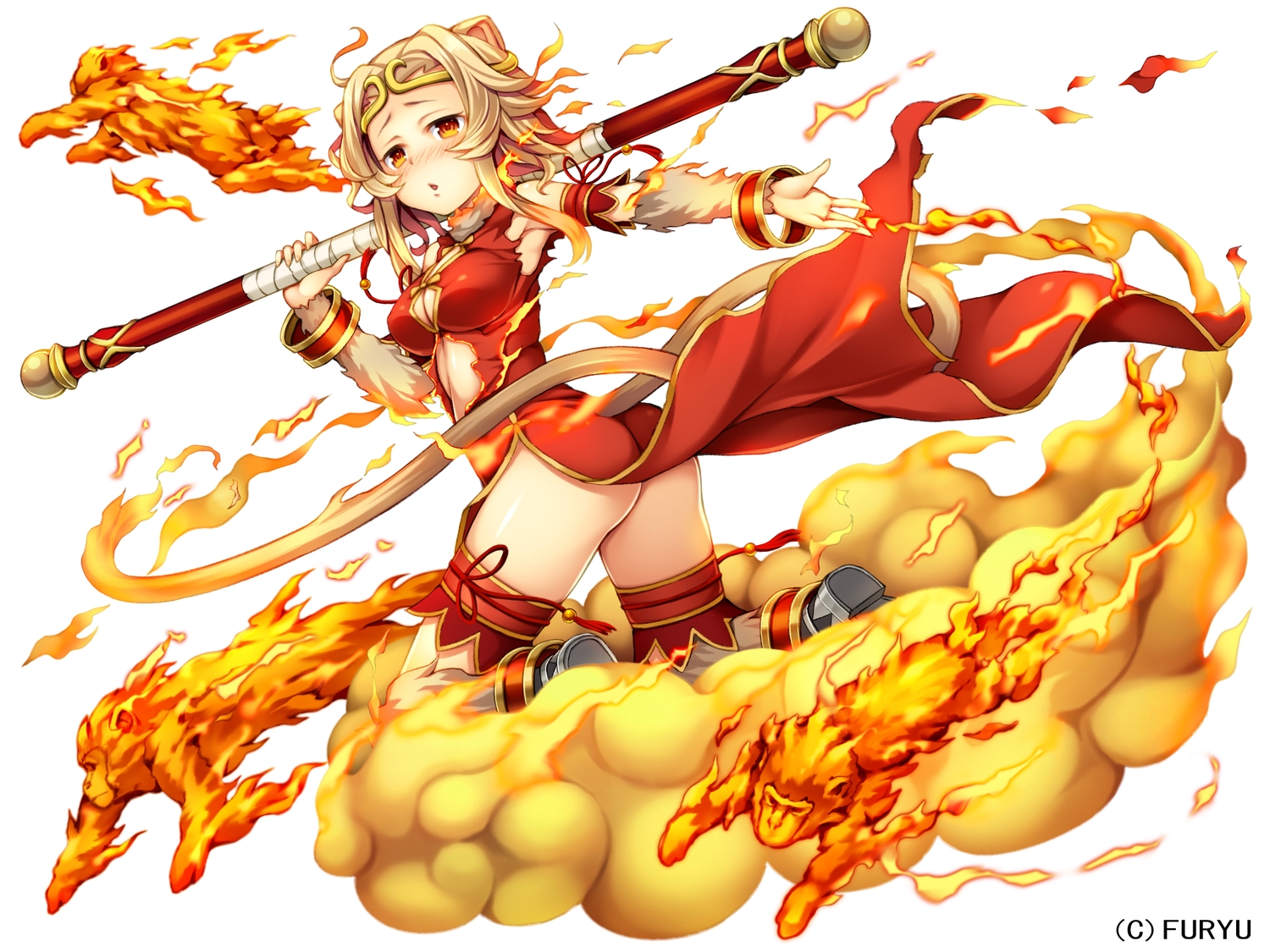 animal_ears, ass, blonde_hair, blush, breasts, cleavage, clouds, fire