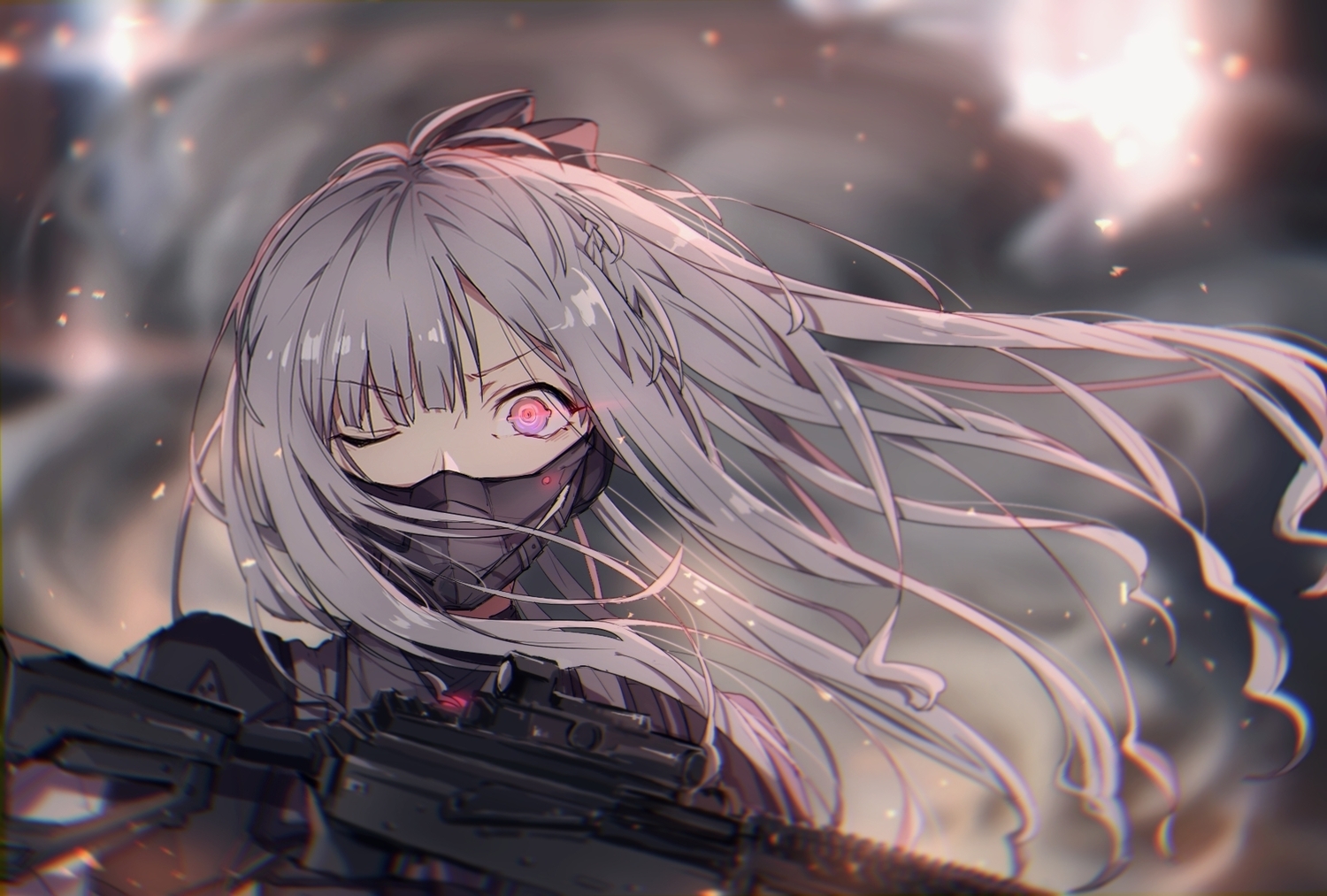ak12_(girls_frontline), anthropomorphism, close, girls_frontline, gray_hair, gun, long_hair, mask, pink_eyes, pollity, weapon, wink
