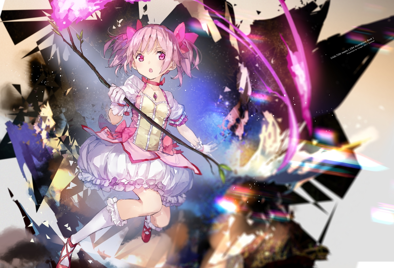 bow, dress, gloves, kaname_madoka, kneehighs, mahou_shoujo_madoka_magica, necklace, pink_eyes