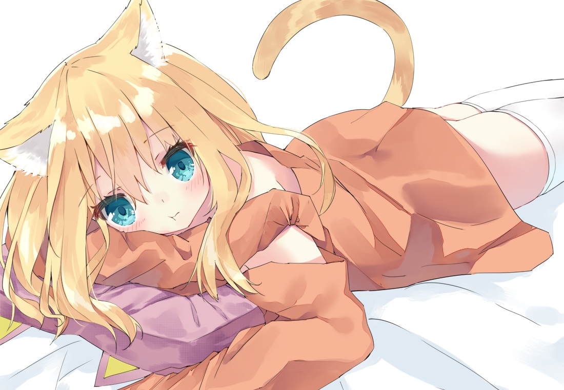 animal_ears, aqua_eyes, bed, blonde_hair, blush, catgirl, cropped, hamaru_(s5625t)