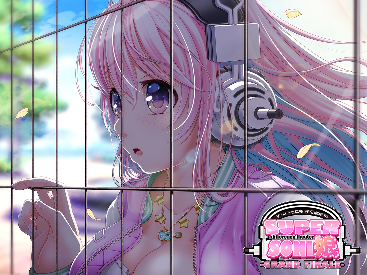 breasts, cleavage, close, headphones, jpeg_artifacts, logo, long_hair, necklace