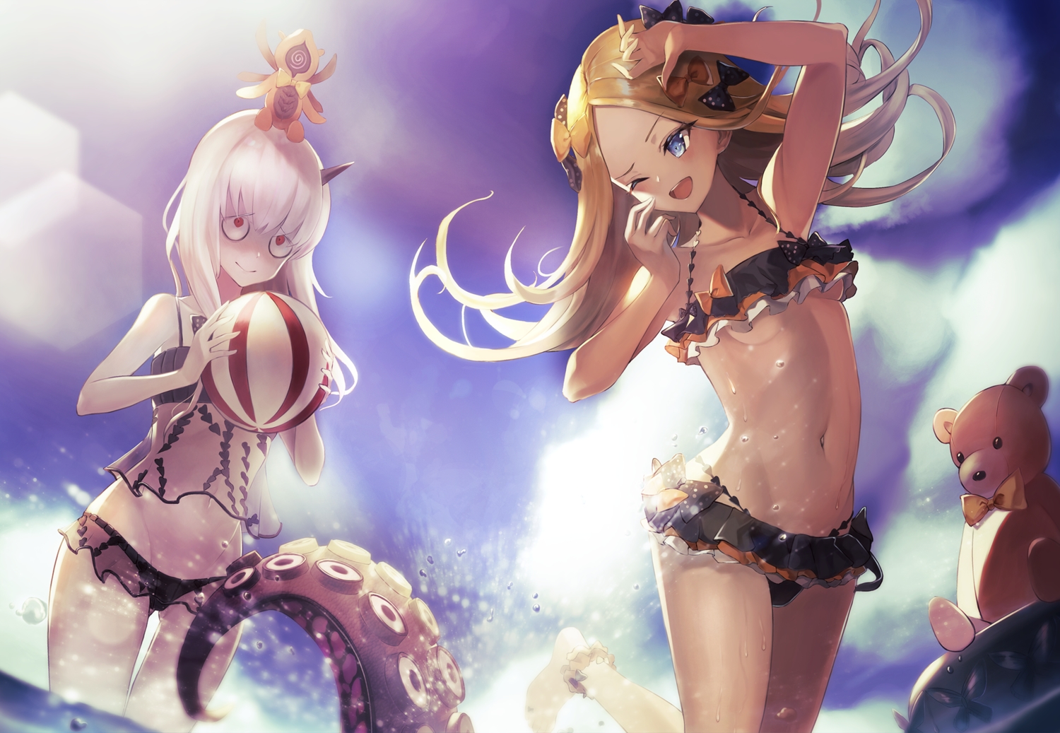 2girls, abigail_williams_(fate/grand_order), ball, bikini, blonde_hair, blue_eyes, blush, breasts, fate/grand_order, fate_(series), horns, lavinia_whateley, long_hair, red_eyes, sky, swim_ring, swimsuit, tagme_(artist), teddy_bear, tentacles, underboob, water, white_hair, wink