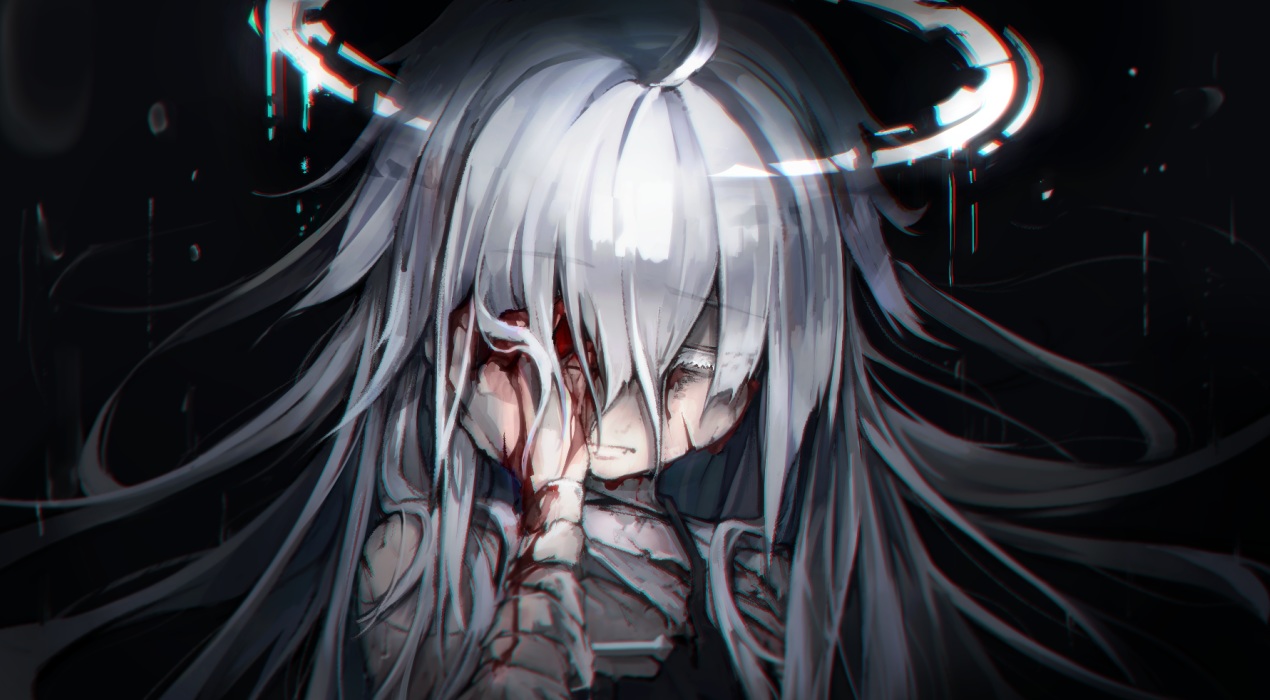 bandage, black, blood, close, dark, gray_hair, halo, kajaneko