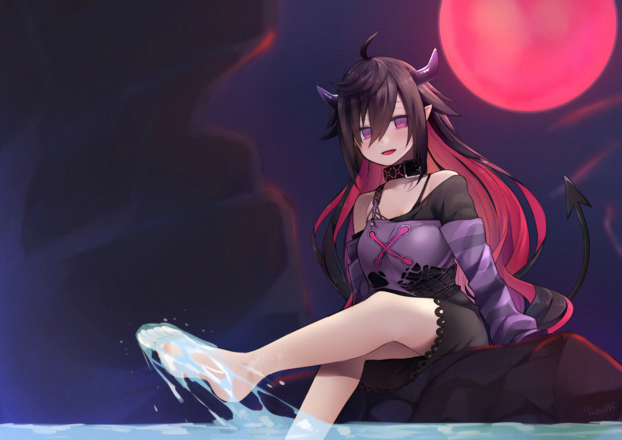 barefoot, collar, demon, dress, gothic, horns, long_hair, moon, night, nigo_(aozoragarou), nijisanji, pink_eyes, pointed_ears, signed, tail, water, yamiyono_moruru