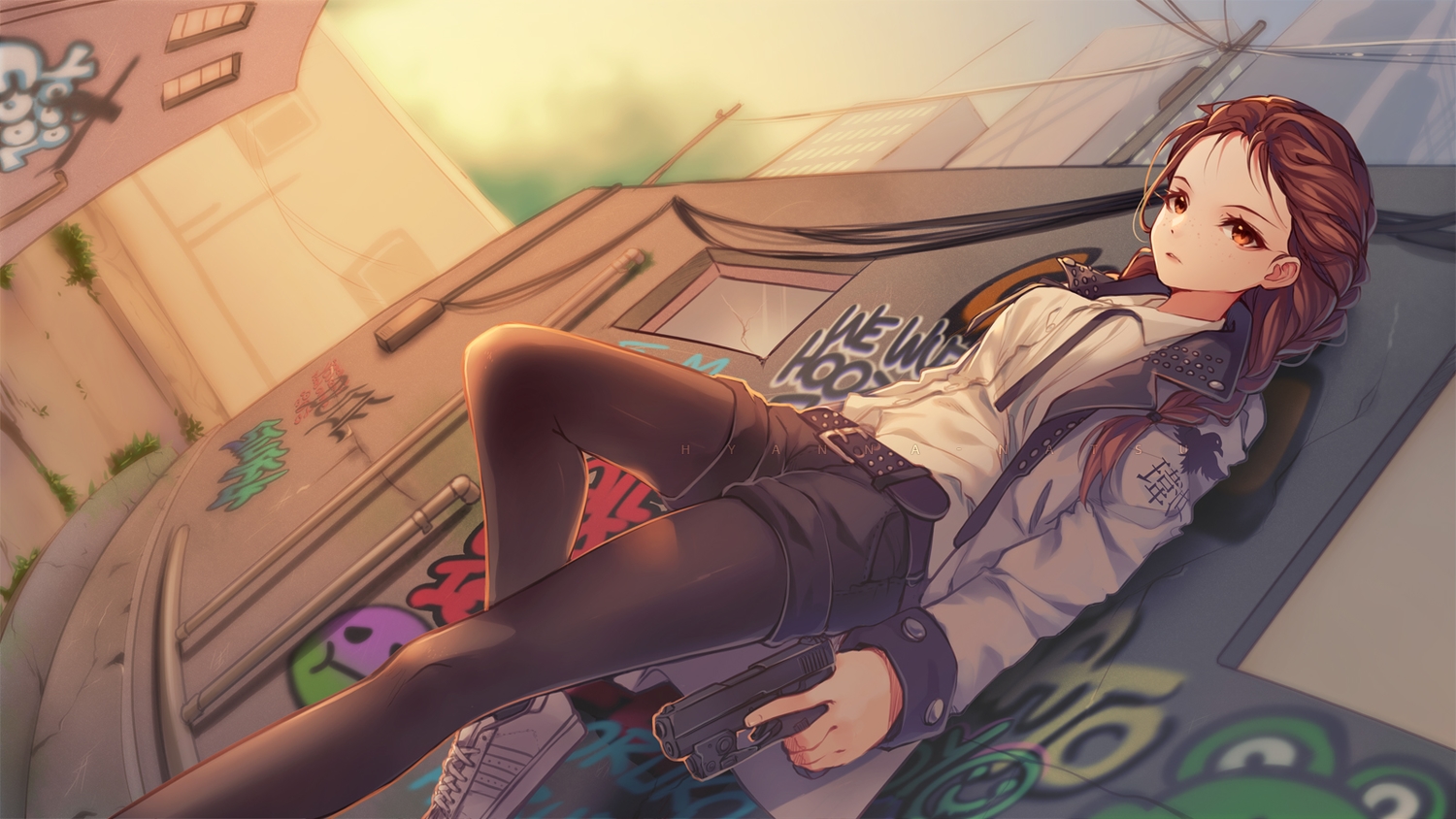 braids, brown_hair, building, city, graffiti, gun, hyanna-natsu, orange_eyes