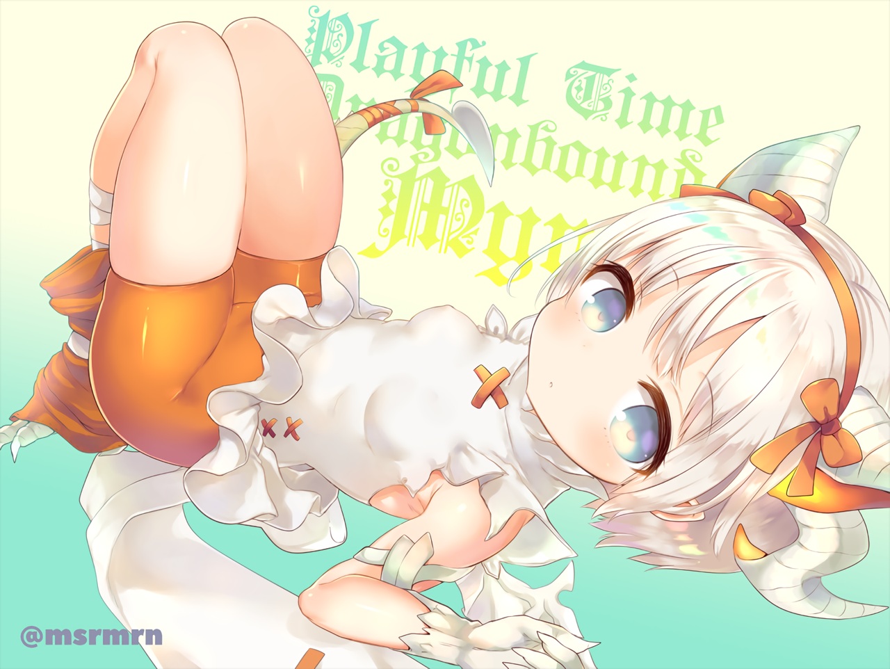 bike_shorts, blonde_hair, blue_eyes, breasts, erect_nipples, gloves, gradient, headband, horns, loli, marshmallow_mille, myr_(p&d), puzzle_&_dragons, short_hair, shorts, tail, waifu2x, watermark