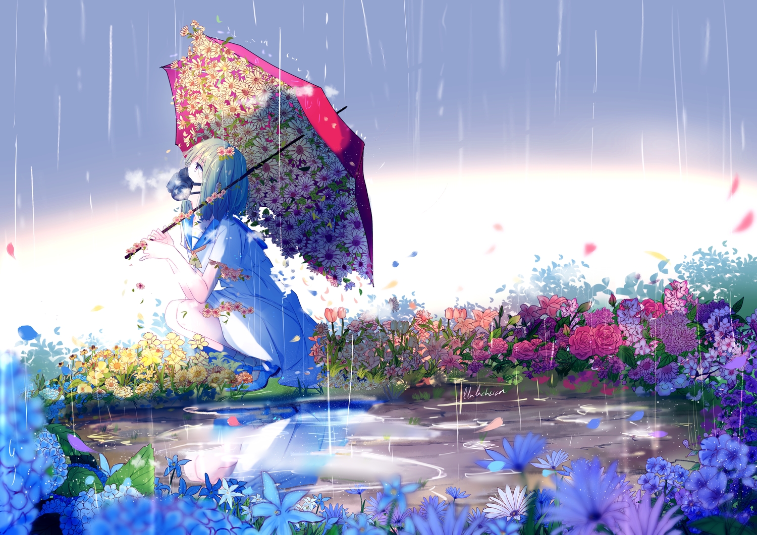 aliasing, brown_eyes, dress, flowers, green_hair, lluluchwan, mask, ohana_(lluluchwan), original, rain, reflection, school_uniform, short_hair, signed, umbrella, water