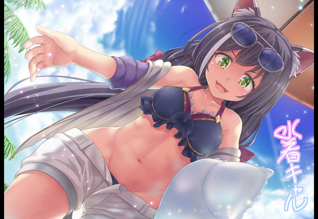 animal_ears, bikini, black_hair, catgirl, clouds, fang, green_eyes, karyl, long_hair, navel, princess_connect!, shorts, sky, sunglasses, swimsuit, umarutsufuri