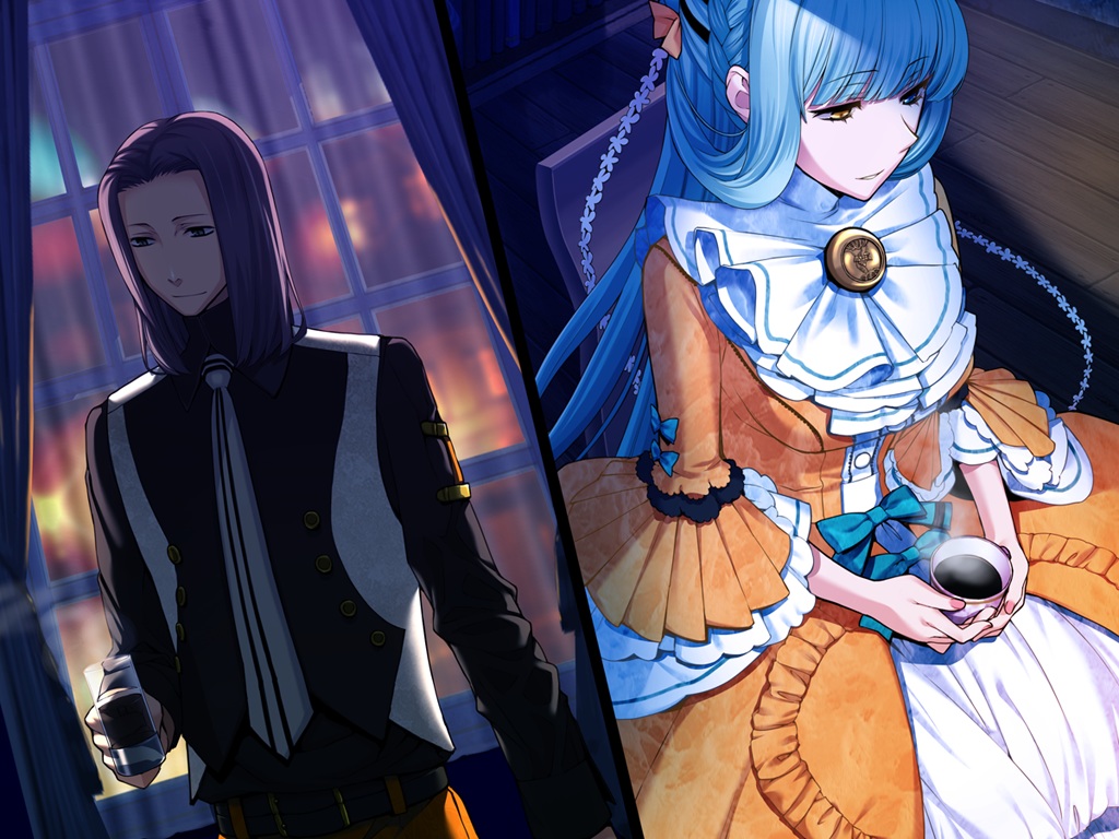 aqua_hair, bicolored_eyes, braids, dark, drink, emilie_du_chatelet, game_cg, kome