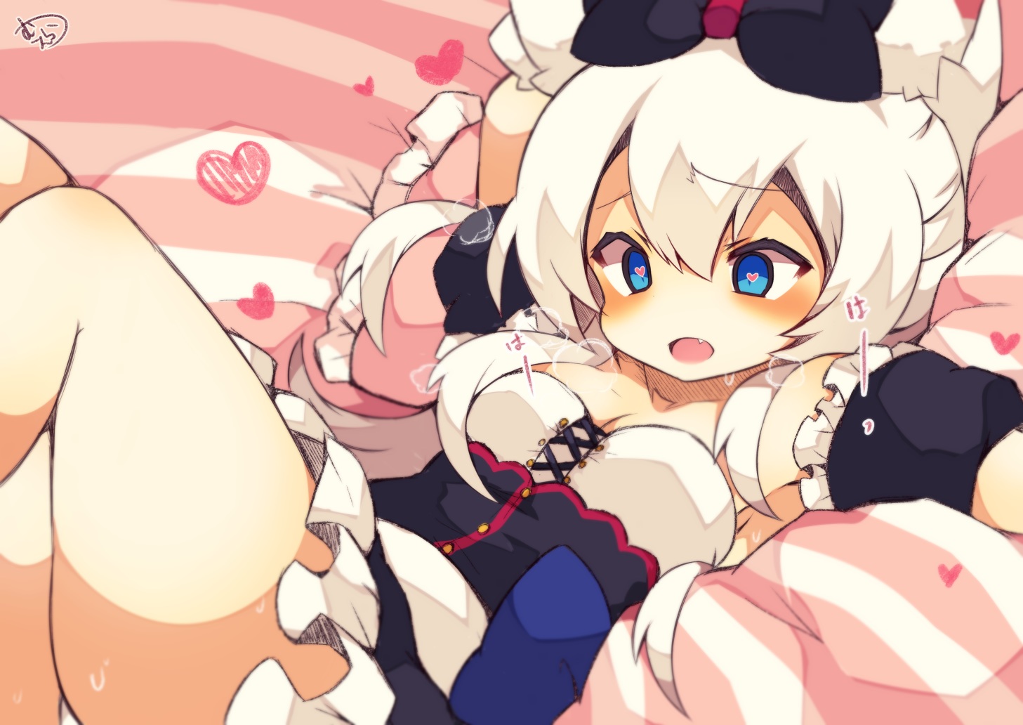 animal_ears, anthropomorphism, aqua_eyes, azur_lane, bow, breasts, catgirl, cleavage, close, dress, fang, hammann_(azur_lane), heart, long_hair, maid, muuran, signed, wet, white_hair
