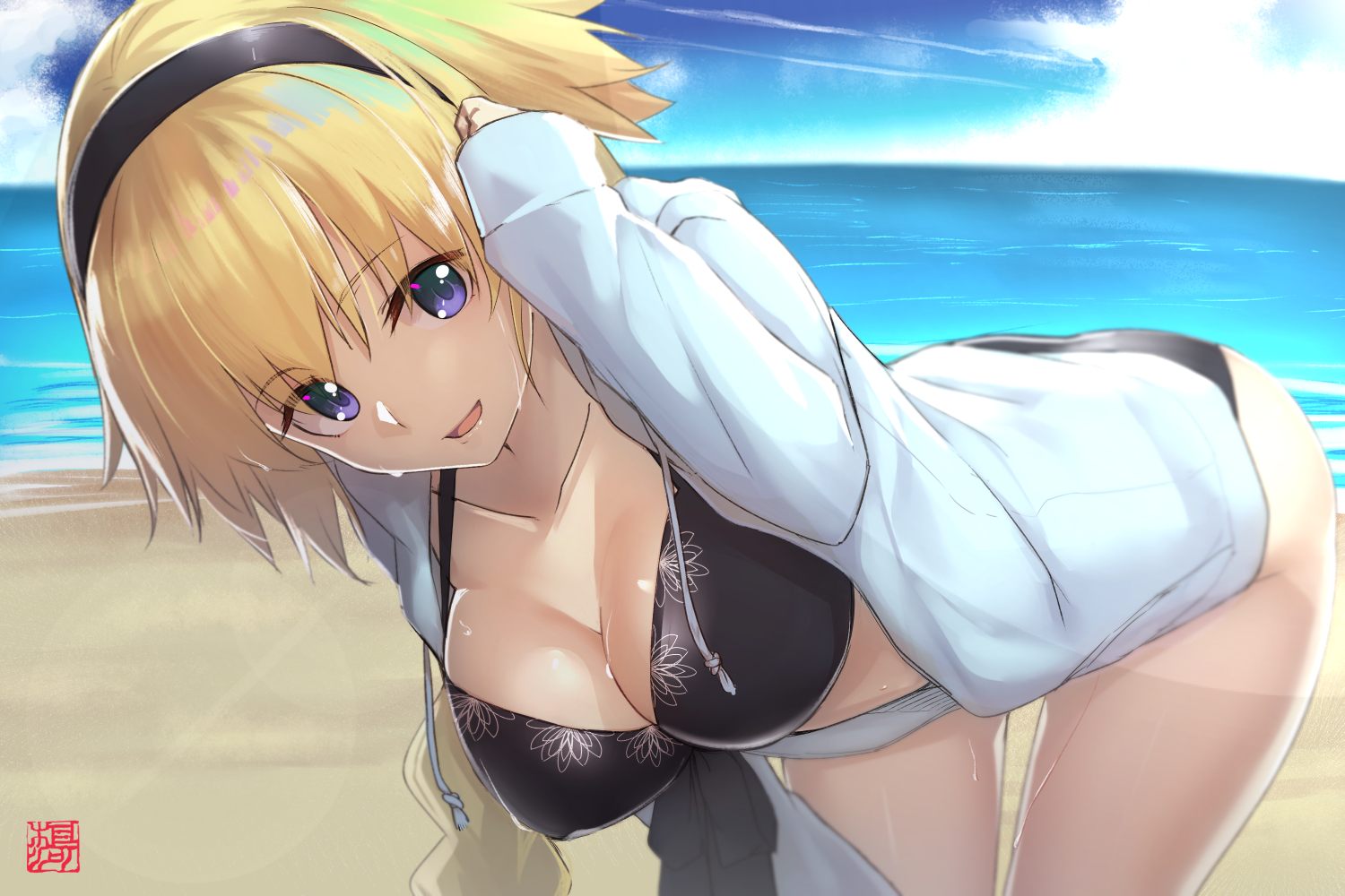 beach, bikini, blonde_hair, blue_eyes, braids, breasts, cleavage, clouds, fate/grand_order, fate_(series), goemon1110, headband, jeanne_d'arc_(fate), long_hair, ponytail, sky, swimsuit, water