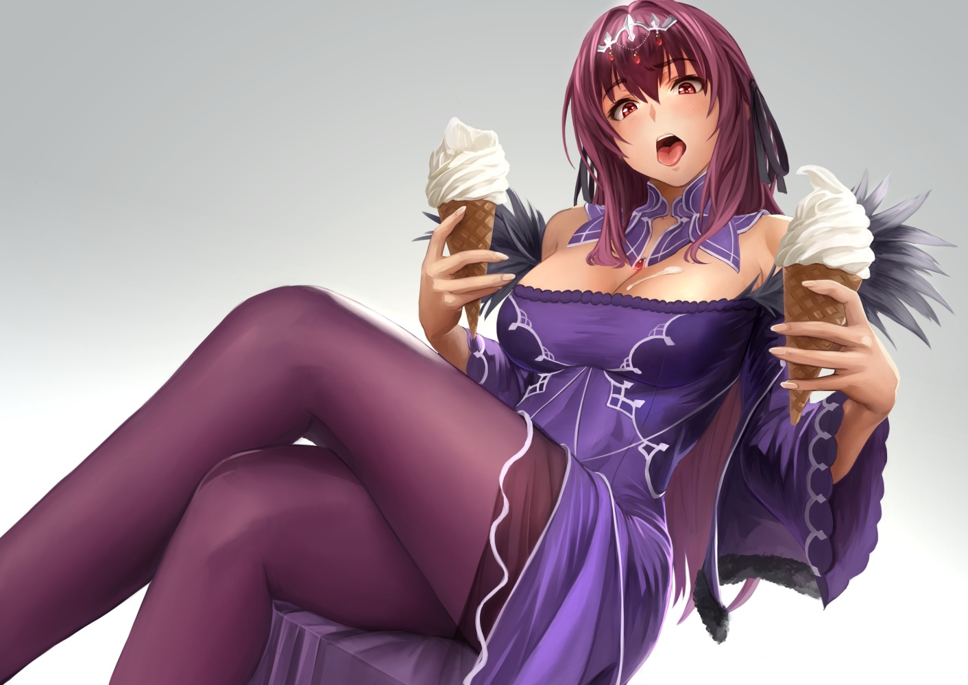 breasts, cleavage, dress, fate/grand_order, fate_(series), food, gradient, headdress, ice_cream, long_hair, pantyhose, purple_hair, red_eyes, scathach_(fate/grand_order), scathach_skadi_(fate/grand_order), yamaneko