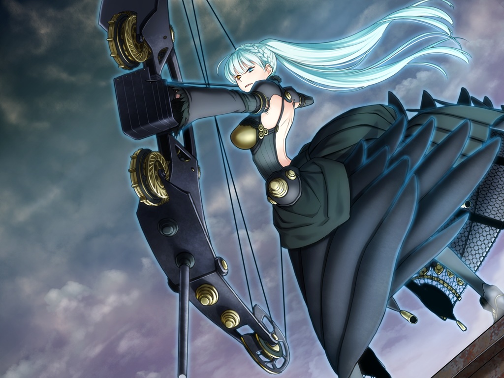 bicolored_eyes, blue_hair, bow_(weapon), emilie_du_chatelet, game_cg, kome, ourai_no_gahkthun, weapon