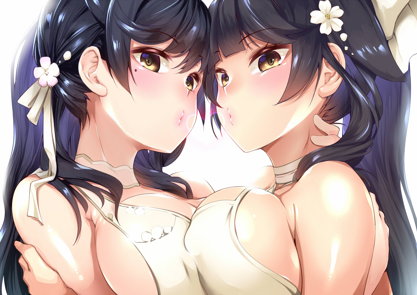 2girls, amasora_taichi, anthropomorphism, atago_(azur_lane), azur_lane, black_hair, breasts, choker, close, heart, hug, long_hair, ponytail, takao_(azur_lane), yellow_eyes