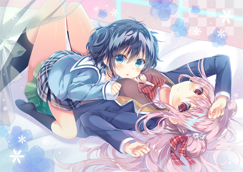 2girls, aqua_eyes, blue_hair, blush, bow, happy_sugar_life, kneehighs, koube_shio, loli, long_hair, matsuzaka_satou, pink_eyes, pink_hair, school_uniform, shiiba_nae, short_hair, skirt