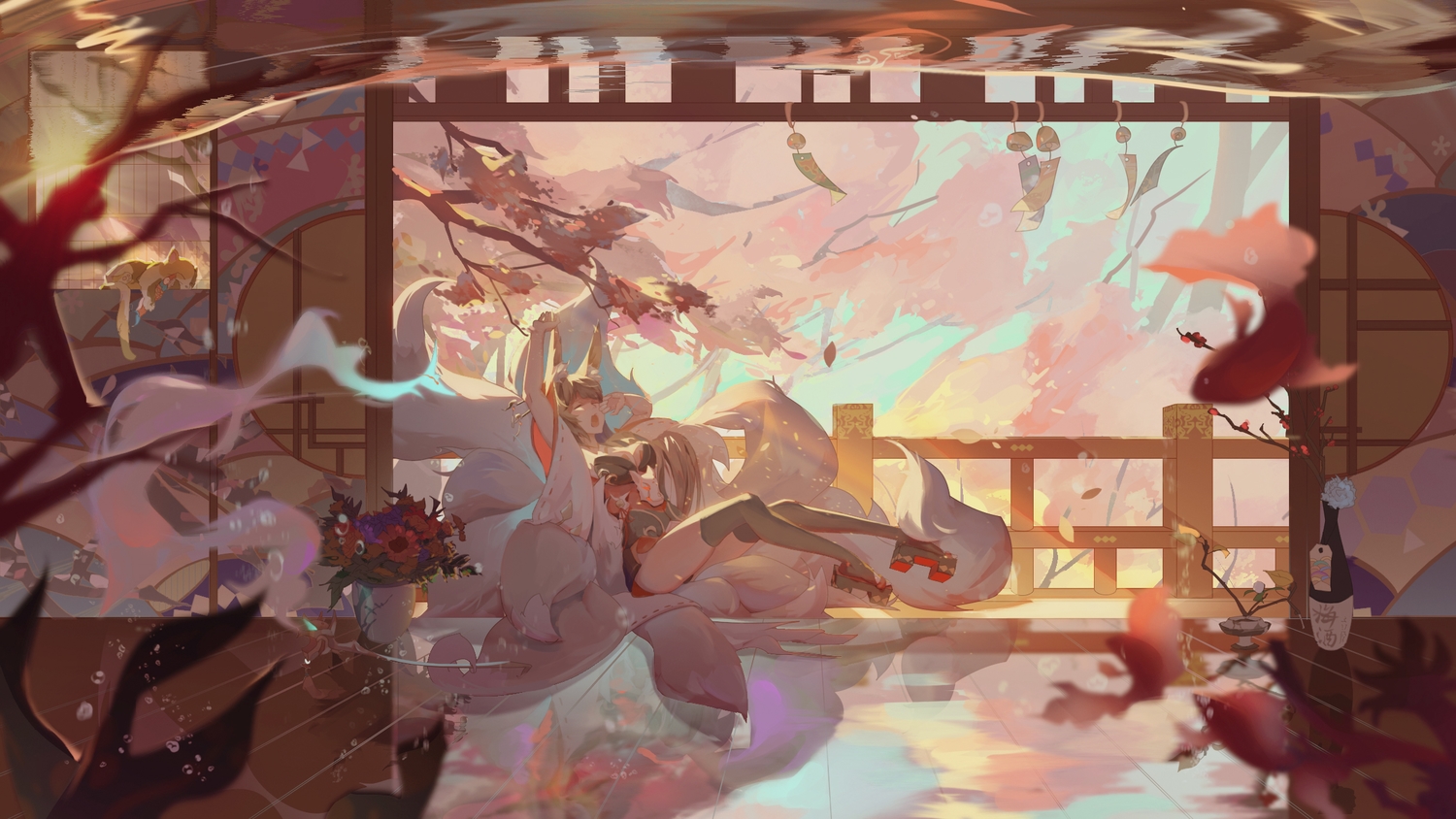 animal, animal_ears, cat, cherry_blossoms, fish, flowers, foxgirl, japanese_clothes, multiple_tails, original, shiqi, tail, thighhighs, tree, water