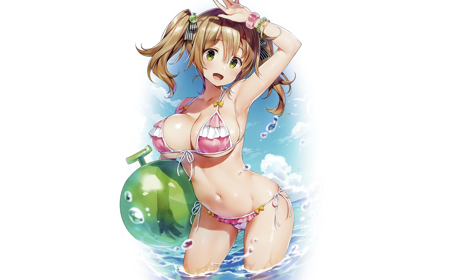 ball, bikini, breasts, brown_hair, cameltoe, cleavage, green_eyes, navel