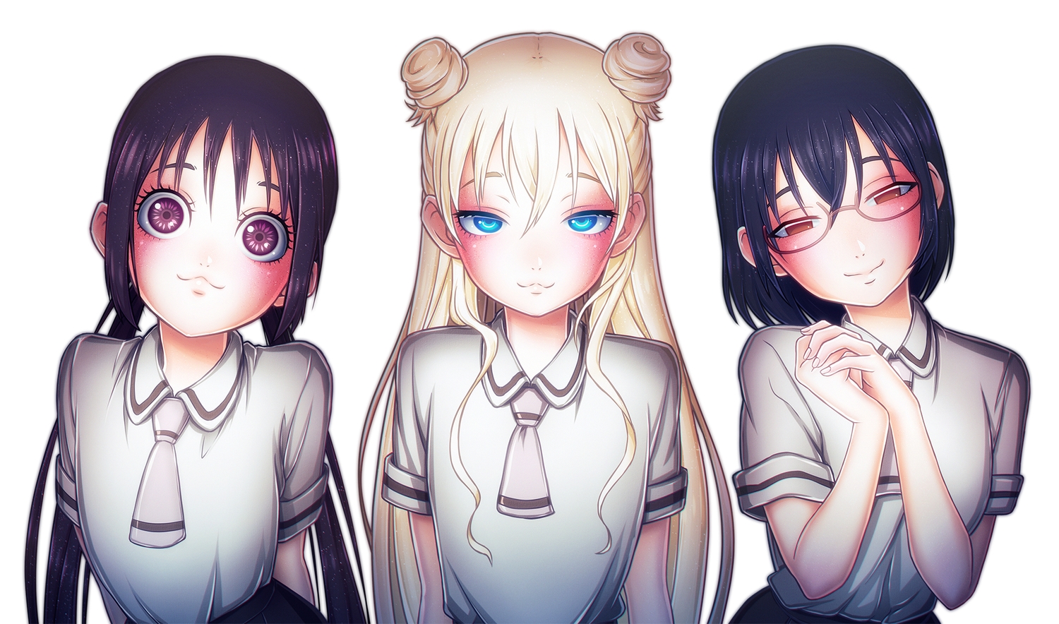 aqua_eyes, asobi_asobase, black_hair, blonde_hair, cat_smile, close, glasses, honda_hanako, long_hair, nomura_kasumi, olivia_(asobi_asobase), purple_eyes, red_eyes, school_uniform, tsiox, twintails, white