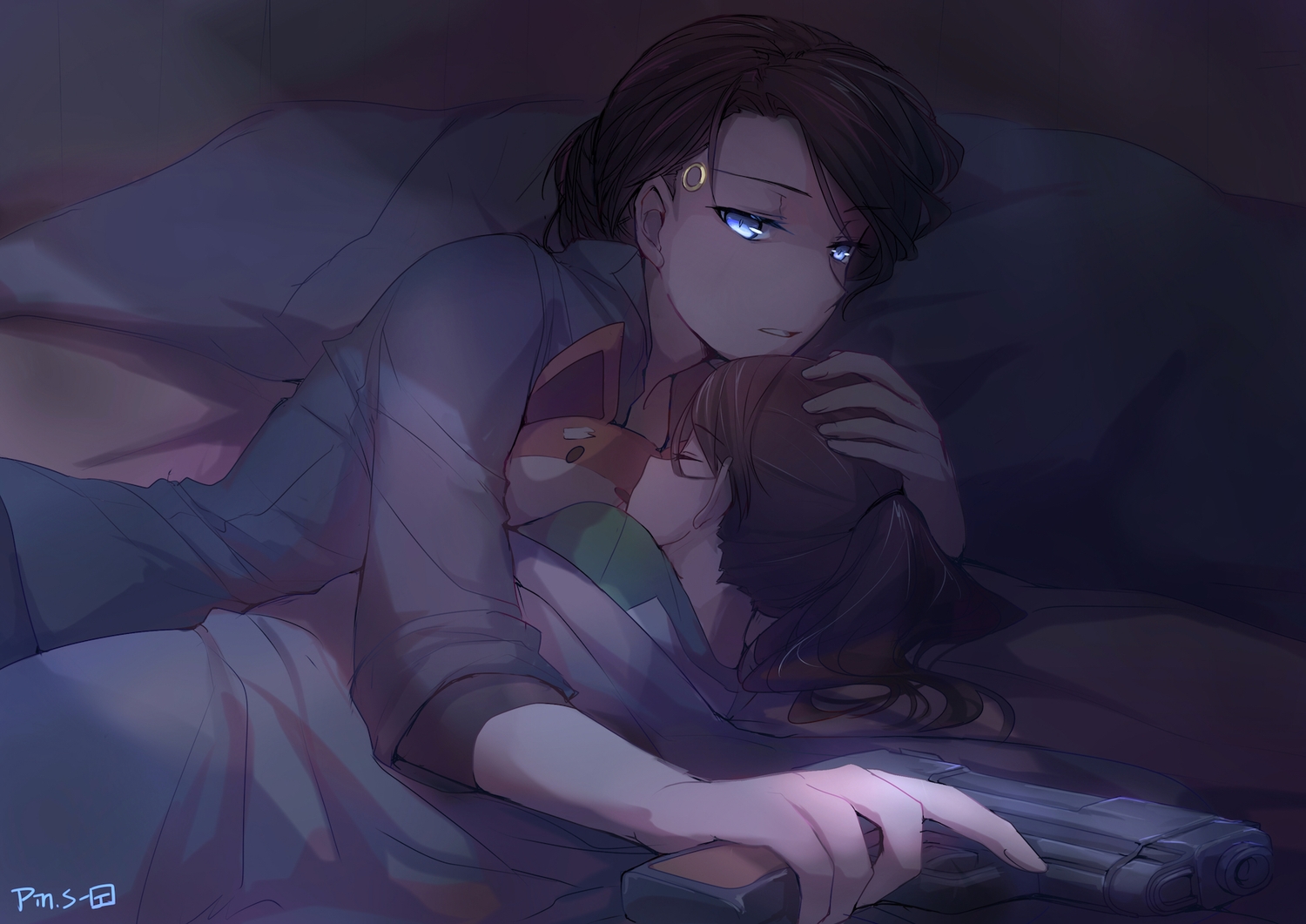 2girls, alice_williams, blue_eyes, brown_hair, dark, detroit:_become_human, gun, hug, kara_(detroit), loli, long_hair, pin.s, ponytail, robot, signed, weapon