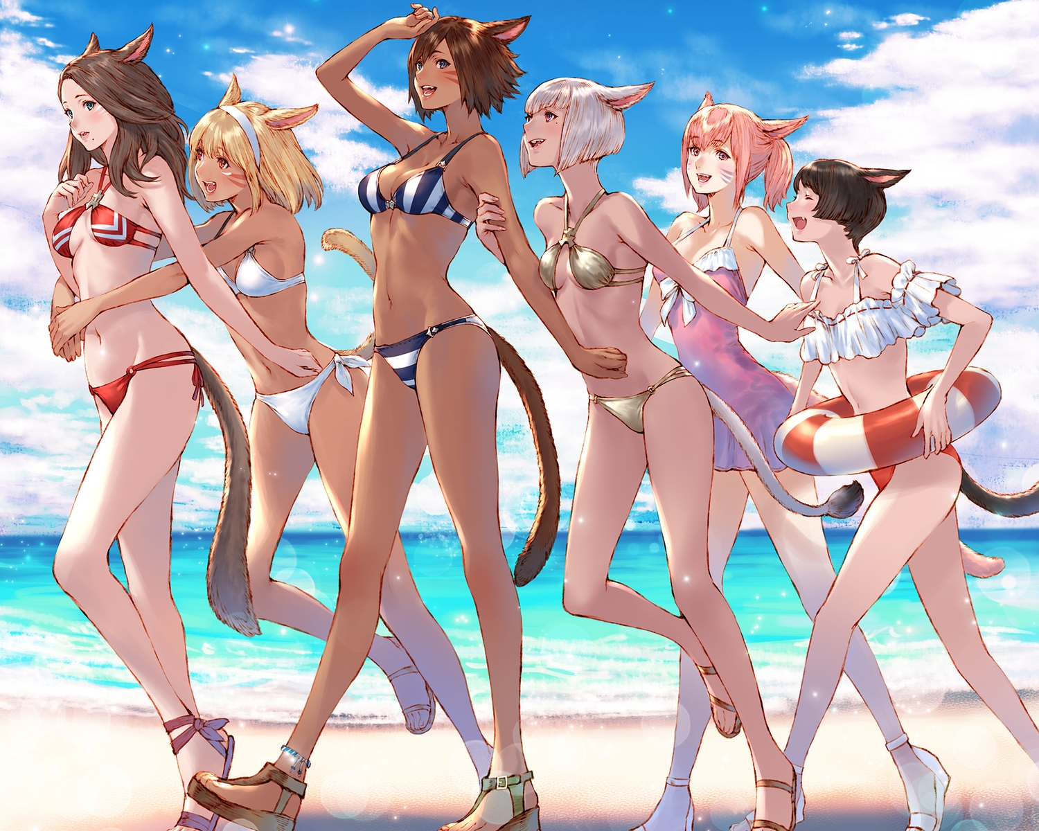 animal_ears, beach, bikini, blonde_hair, blue_eyes, blush, breasts, brown_eyes, brown_hair, catgirl, cleavage, cropped, dark_skin, fang, final_fantasy, final_fantasy_xiv, green_eyes, group, hug, long_hair, makimura_shunsuke, miqo'te, navel, pink_hair, short_hair, swim_ring, swimsuit, tail, water