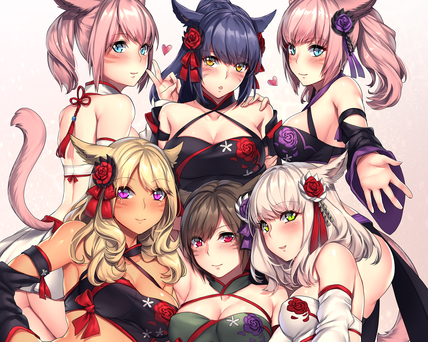 animal_ears, aqua_eyes, aruma_jiki, black_hair, blonde_hair, blush, breasts, cleavage, cropped, dark_skin, final_fantasy, final_fantasy_xiv, green_eyes, group, long_hair, miqo'te, navel, pink_hair, purple_eyes, tail, thighhighs, twintails, white_hair