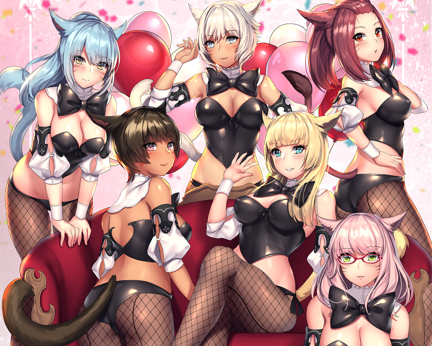 animal_ears, aruma_jiki, black_hair, blonde_hair, blue_eyes, blue_hair, blush, bow, breasts, brown_eyes, brown_hair, catgirl, cleavage, cropped, dark_skin, final_fantasy, final_fantasy_xiv, glasses, gray_eyes, gray_hair, green_eyes, group, long_hair, miqo'te, panties, pantyhose, pink_hair, ponytail, red_eyes, short_hair, tail, underwear, yellow_eyes, y'shtola_rhul