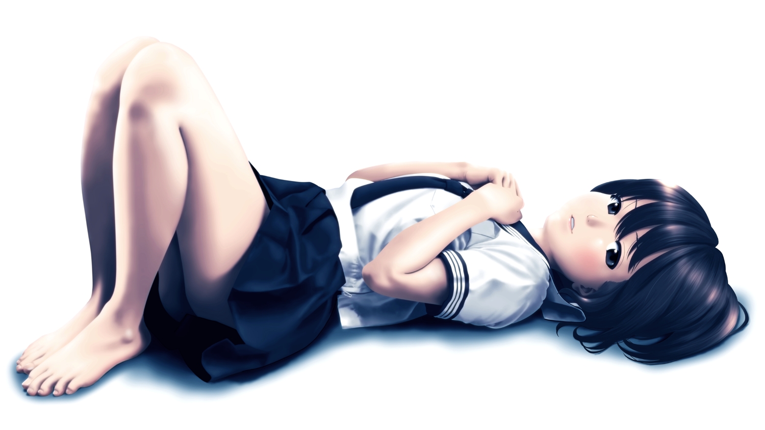 barefoot, black_eyes, black_hair, original, school_uniform, short_hair, skirt, tie, tora_tsugumi, white