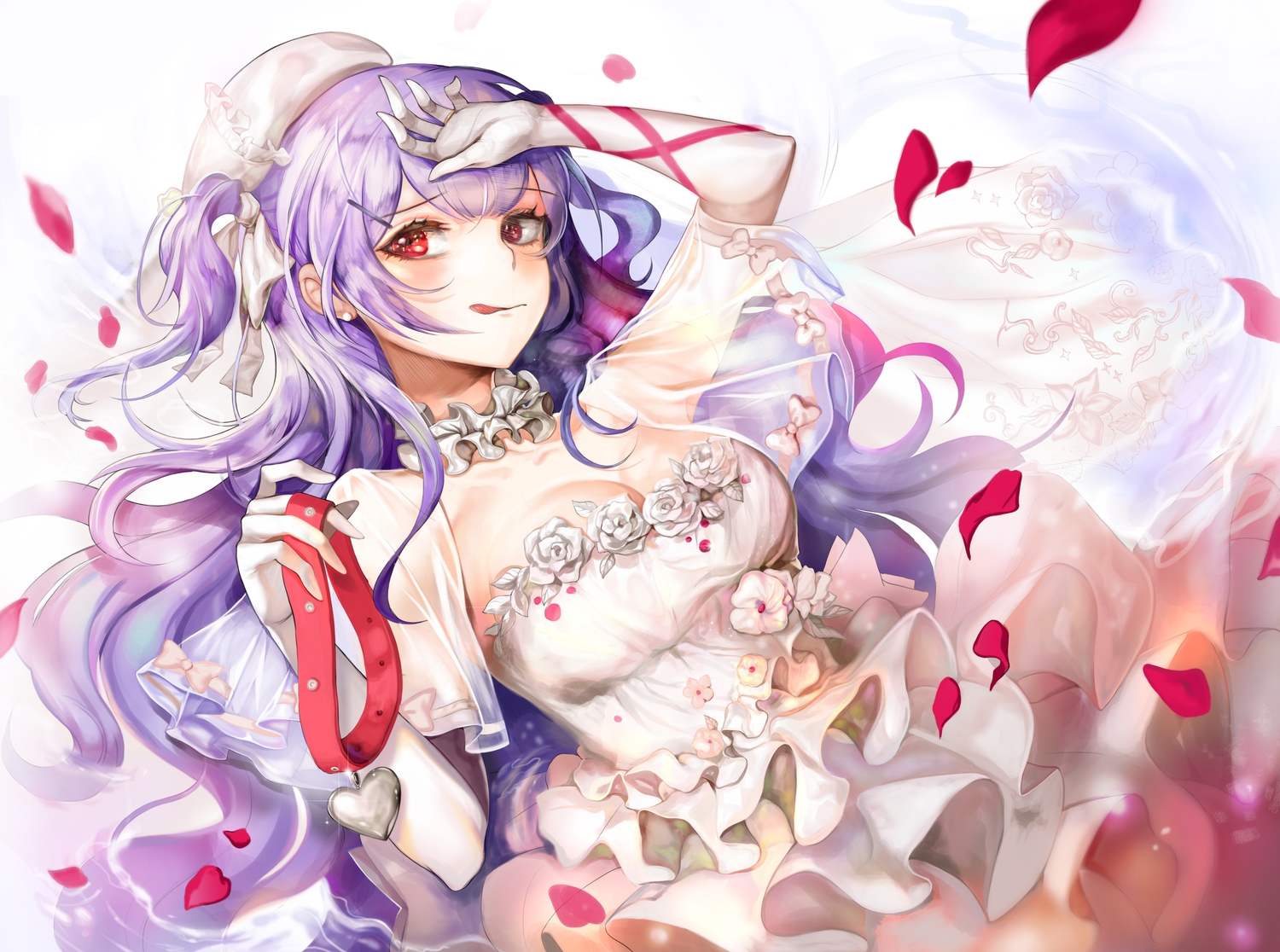 ajax_(azur_lane), anthropomorphism, azur_lane, breasts, cleavage, collar, dress, flowers, haribo_kanten, hat, long_hair, purple_hair, red_eyes, rose