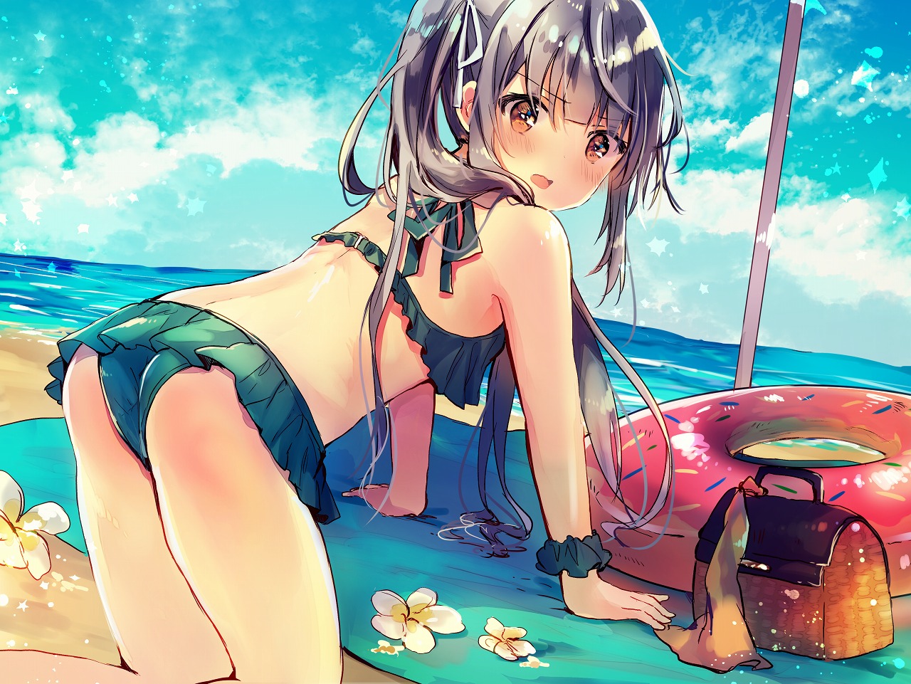 aliasing, anthropomorphism, ass, beach, bikini, blush, brown_eyes, clouds, kantai_collection, kasumi_(kancolle), long_hair, nanahamu, purple_hair, sky, swim_ring, swimsuit, twintails, water