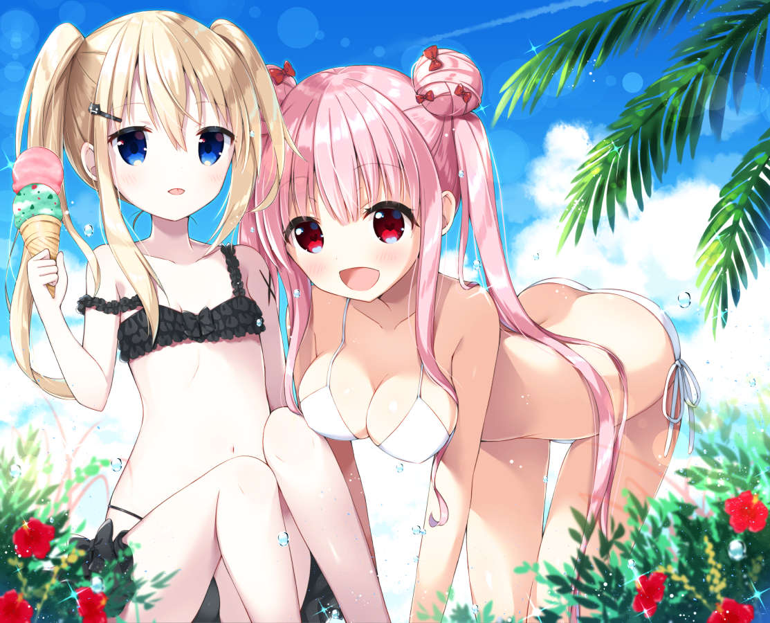 2girls, aliasing, bikini, blonde_hair, blue_eyes, clouds, flat_chest, flowers, food, ice_cream, original, pink_hair, red_eyes, ribbons, sky, swimsuit, tia-chan, twintails, uchuuneko